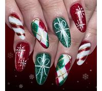 24Pcs Christmas Press On Nails Green Checkered Glitter Snowflakes Santa Design Easy Application Fake Nails Christmas Press On Nail Green Plaids Glitters Snowflake