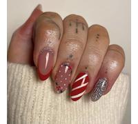 24Pcs Christmas Press on Nails Medium Almond, Red French Tip False Nails with Candy Stripes Designs, Silver Glitter Fake Nails Glossy Winter Xmas Acrylic Stick on Nails for Women DIY Manicure Decor