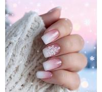 24Pcs Christmas Press on Nails - Medium Square Christmas False Nails with White Snowflake Pattern -Romantic, Reusable, Durable Christmas Nails - Ideal as Decoration for Elegant Women
