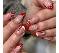 24Pcs Christmas Press On Nails Red Glitter French Tips Snowflake Art Long Lasting False Nails For Festive French Glitters Nail
