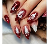 24pcs Christmas Press On Nails Short Almond Shape - Red White Snowflake French Tip False Nails Stick On Winter Art Design For Women With Full Cover Acrylic Tips, Coffin, Long, Square, Cute, 3D,