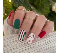 24PCS Christmas Press On Nails Short Square Fake Nails for Women - Red Green Candy Cane Design, Holiday Stick On with Striped & Snowflake Patterns, False for Winter Party (Candy Cane Joy)