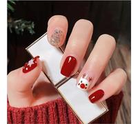 24Pcs Christmas Press on Nails Short Square, French Tips Glossy Red False Nails Glitter Glue on Nails with Cute Elk Designs, Removable Stick on Nail Acrylic Full Cover Fake Nails for Women Girls
