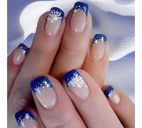 24Pcs Christmas Press On Nails Short Square Shape Snowflake Designs Glossy Finish Stick On Nails For Winter Decoration Manicure Nail Decoration