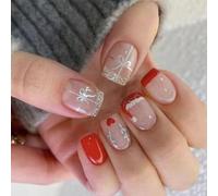 24Pcs Christmas Press On Nails Short Square With Silver Glittering Bows French Designs Acrylic Art For Decorations Artificial Kit
