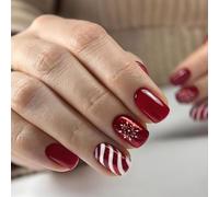 24PCS Christmas Press on Nails Short, Xmas Red & White Candy Cane Snowflake Fake Nails,Glossy Red False Stick on Nails for Women Holiday Party