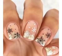 24PCS Christmas Press on Nails Short, Xmas Snowflake French Fake Nails with Glitter Gold French Tips Design,Winter False Stick on Nails Tips for Women