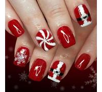 24PCS Christmas Press On Nails Snowflake Glitters Design Festive Artificial Nails For Holiday Parties Easy Application Santa Press On Nail For Holiday Parties