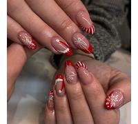 24PCS Christmas Red Almond Press On Nails - Nude & Red Acrylic Fake Nails with Santa Hat, Candy Stripe and Snowflake Design, Glossy Reusable ABS Stick-On with Jelly Adhesive for Winter Holiday Look