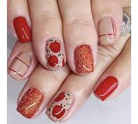 24Pcs Christmas Red False Nails Short Square French Press on Nails Christmas Eve Apple Glue on Nails Glossy Ballerina Fake Nail Acrylic Full Cover Removable Stick on Nail for Women Girls