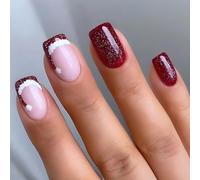 24PCS Christmas Red Glitter Press On Nails - Short Oval Acrylic Fake Nails with Santa Hat French Tip Design, Glossy Reusable ABS Stick-On with Jelly Adhesive for Winter Holiday & Party Look