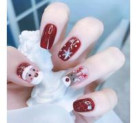 24Pcs Christmas Red Glitter Press on Nails Square Short French Tip Fake Nails with Santa Claus Snowflake Elk Pattern Winter False Nails Glossy Acrylic Stick on Nails for Women Nail Art Decoration