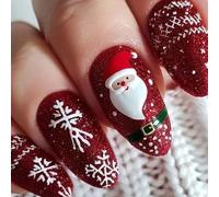 24PCS Christmas Red Glittering Short Oval False Nails With Snowflake Santa Design Press On Nails For Holiday Party ABS Christmas Party Nail