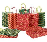 24pcs Christmas Red Green Kraft Paper Gift Bag Bulk Gold Foil Xmas Tree Snowflakes Goodie Bags Reusable Grocery Candy Treat Bags for Christmas Party Favor, 6 Design, 3.1 x 6.3 x 8.7"(Green)