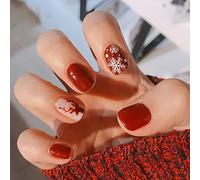 24Pcs Christmas Red Press on Nails Square Short French Tip Fake Nails Snowflake Elk Pattern Artificial False Nails Acrylic Full Cover Stick on Nails for Women Xmas Holiday Nail Art Decoration