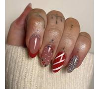 24PCS Christmas Red White Stripe Press On Nails Almond Shape - Silver Glitter & French Design, ABS Material False Nails with Jelly Adhesive for Winter Holiday Party & Gift Exchange