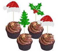 24Pcs Christmas Santa Hat Cupcake Toppers Glitter Holly Leaves Berries Christmas Tree Cupcake Picks Winter Merry Christmas Theme Birthday Party Cake Decorations Supplies