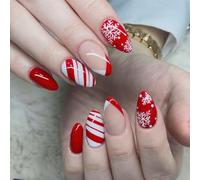 24PCS Christmas Short False Nails with Glue Stickers,Almond Full Cover Acrylic Press on Nails no Glue,Red White Snowflake French Fake Nails for Women and Girls Nail Art