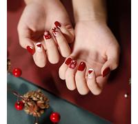 24PCS Christmas Short False Nails with Glue Stickers,Coffin Full Cover Acrylic Press on Nails no Glue,Red Snow Hat French Fake Nails for Women and Girls Nail Art.