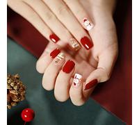 24PCS Christmas Short False Nails with Glue Stickers,Coffin Full Cover Acrylic Press on Nails no Glue,Red Snowman Fake Nails for Women and Girls Nail Art.