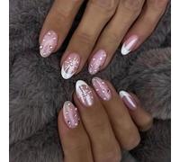24pcs Christmas Short Oval French Tip Press-on Nails - White Snowflake Fake Nails With Rhinestone - Removable Glue-on Acrylic Full Cover for Women Girls - Nail Art Accessories