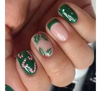 24PCS Christmas Short Square Fake Nails French Design Green Candy Pattern Artificial for Holiday Parties Floral Press on
