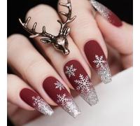24PCS Christmas Snowflake Press On Nails - Burgundy Coffin Shape Acrylic Fake Nails with Silver Glitter Accents - Reusable Nail-Friendly ABS with Jelly Adhesive for Winter Holiday Parties