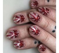 24Pcs Christmas Theme Press On Nails SGlitters Short Oval Stick On For Women False With Bows And Ribbon Quick Apply Nails