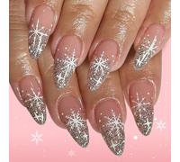 24PCS Christmas Themed Glitters Snowflake Design Fake Nails For Parties Quick Apply Fake Nail Set