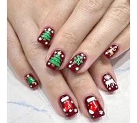 24Pcs Christmas Themed Press On Tips Gold Foil Striped Christmas Snowflake Design Short Square Artificial Nails Tips Holiday Party Press On Nail