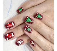 24Pcs Christmas Themed Press On Tips Gold Foil Striped Christmas Snowflake Design Short Square Artificial Nails Tips Artificial Nail