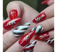 24Pcs Christmas Tree Candy Cane Press On Nails - Red Green White Glitter Almond False Nails with Gold Bauble & Snowflake Details, Reusable Stick On for Women Holiday Party Look