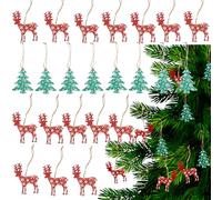 24Pcs Christmas Tree Decorations Set, Glitter Covered Wooden Reindeer Tree with Hanging Strings, Traditional New Year Decoration Ornaments, Festive Home Decor Pendants 8cm