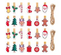 24Pcs Christmas Wooden Clips with String, Mini Wooden Pegs Photo Clips 3.5cm Wooden Photo Display Clips Christmas Card Holder Pegs Elk Gloves Snowflake Clothespins Mini Photo Pegs DIY Craft Clip