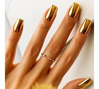 24PCS Chrome Mirror Press on Nails - Metallic Gold Chrome Effect Glossy Manicure Set for Women Daily Wear & Party Square French Tip Long Petite Cute Reusable