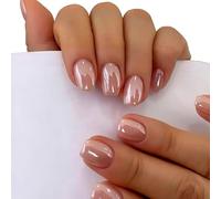 24Pcs Chrome Press On Nails Short Square, Glitter Acrylic Fake Nail Press on Cute, Nude Pink False Nails Short Coffin with Glazed Finish, Small Gel Stick on Nail for Women Daily