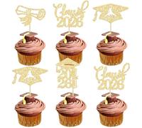 24Pcs Class of 2026 Graduation Cupcake Toppers Glitter 2026 Graduation Cap Diploma Congrats Grad Cupcake Picks for 2026 Graduation Theme Party Cake Decorations Gold