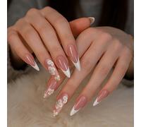 24PCS Classic French Tip Press On Nails Short Almond Shape with 3D Floral Design - Nude Pink False Nails Acrylic, Handmade Stick On Kit for Women, DIY Art Fake with Accessory Tool