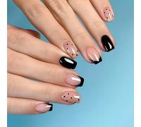 24PCS Classic Monochrome Mix Press on Nails - Square Shape Midnight Nude Harmony Blush Beige Base Minimal Black French - Chic Polka Dot Contrast Elegant Neutral Edge Look