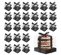 24Pcs Clear Cupcake Boxes, 9x9x9cm Cupcake Containers Individual, Plastic Single Cupcake Holders with Inserts and Ribbon, Portable Muffin Holders Boxes for Cake Baking, Wedding, Baby Shower