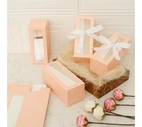 24Pcs Clear Window Gift Boxes with Two Rolls Ribbon,8x8x20cm,Paper Reusable Mug Packaging Box for 12/16/20 OZ,Christmas Gifts Boxes,Christmas Party Decoration,Birthdays,Weddings(Pink)