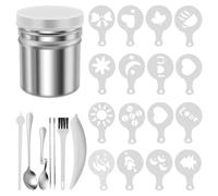 24Pcs Coffee Latte Art Set Coffee Sprinkles Powder Set Chocolate Shaker with Lid with 16 Coffee Stencils Cappuccino Art Pull Pin, Measuring Spoon Personalized Latte Arts Cappuccino Arts Templates