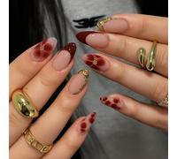 24Pcs Coffee Petals Press On Nails - Wine Red French Tips with Floral Design & Gold Foil, Elegant Almond Shape False Nails for Women, Special Occasions