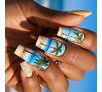 24Pcs Coffin Coconuts Tree French Fake Acrylic False, Artificial Glues on Womens Stick on Fake