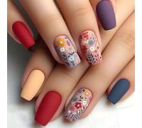 24Pcs Coffin Fake Nails Flower Press On Nails Artificial Nails False Nails Glues On Nails Matte French Nails Tips 12Sizes