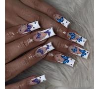 24Pcs Coffin Fake Nails Press on Artificial False Glues on Butterfly Designs French Tips Coffin Almond French Tip