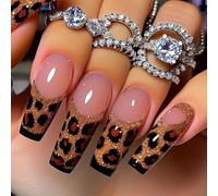 24pcs Coffin False Nails French Tip - Extra Long Press on Nails - Elegant Glitter Leopard Stick on nails for Women - Long Fake Nails with Glue - Hard Wearing French Manicure nail Tips Full Cover