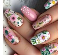 24pcs Coffin False Nails With Flower Pattern Friendly Stick On Nails Press On Nails Manicure For Fashion Enthusiasts