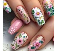 24pcs Coffin False Nails Wither Pattern Friendly Stick Nail Polish for Fashion Lovers Pressing Press On Nails
