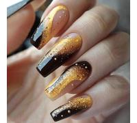 24pcs Coffin Press On Glossy Stick On Black Acrylic Gold Glitters False Manicure Art